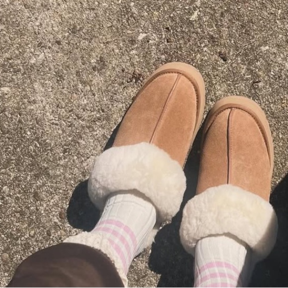 UGG Tan Suede Mules with Cream Shearling